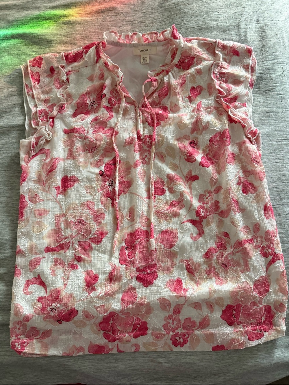 Pink Floral Ruffle Cap-Sleeve Blouse